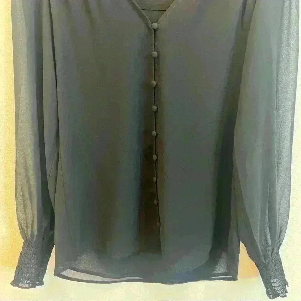 NWT 1. State Women’s Smocked Detail Button Up Blouse in Black Size X-Small - Picture 5 of 12